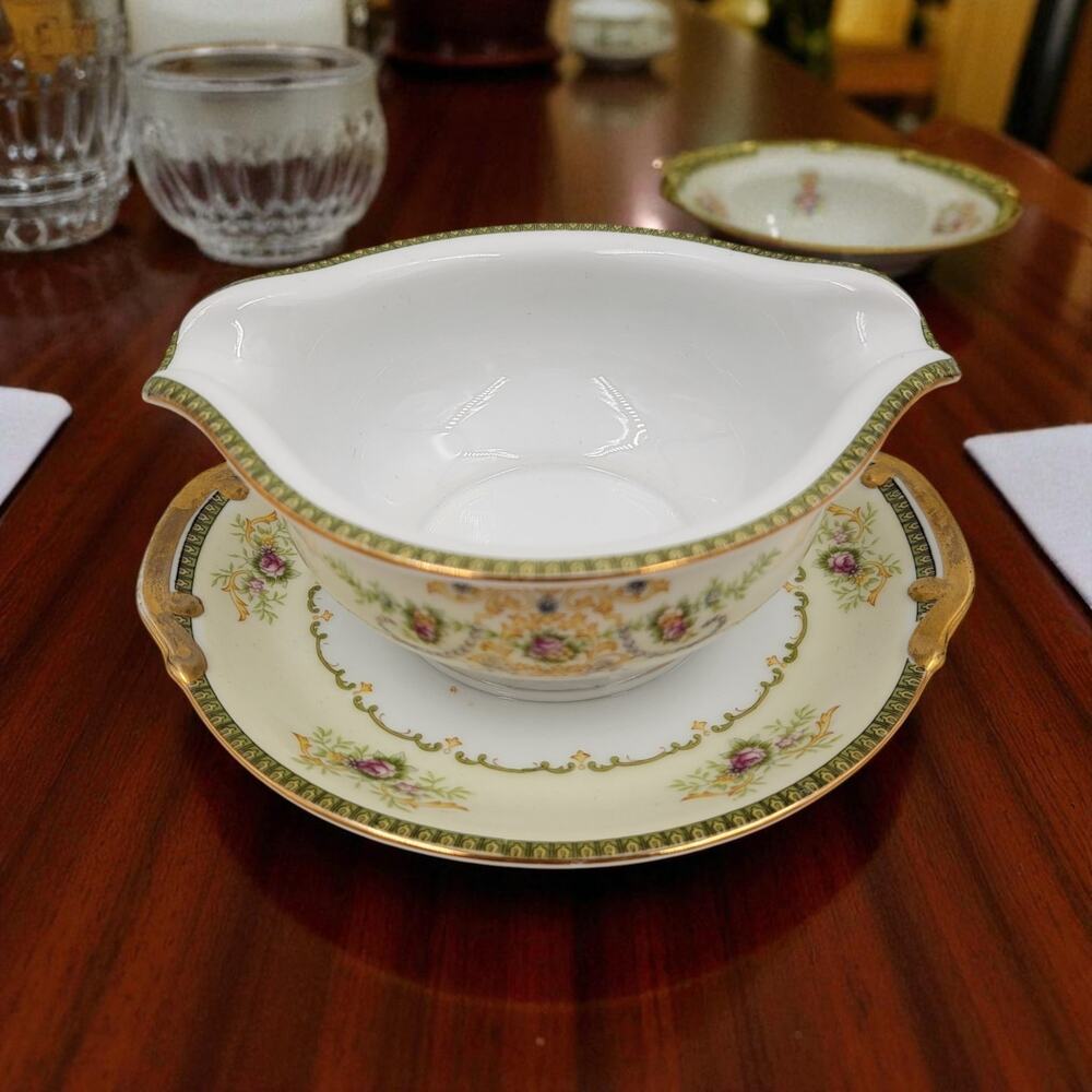 P B Charm Gravy Sauce Boat w Attached Underplate Gold Trim Japan 1950 - 1960's